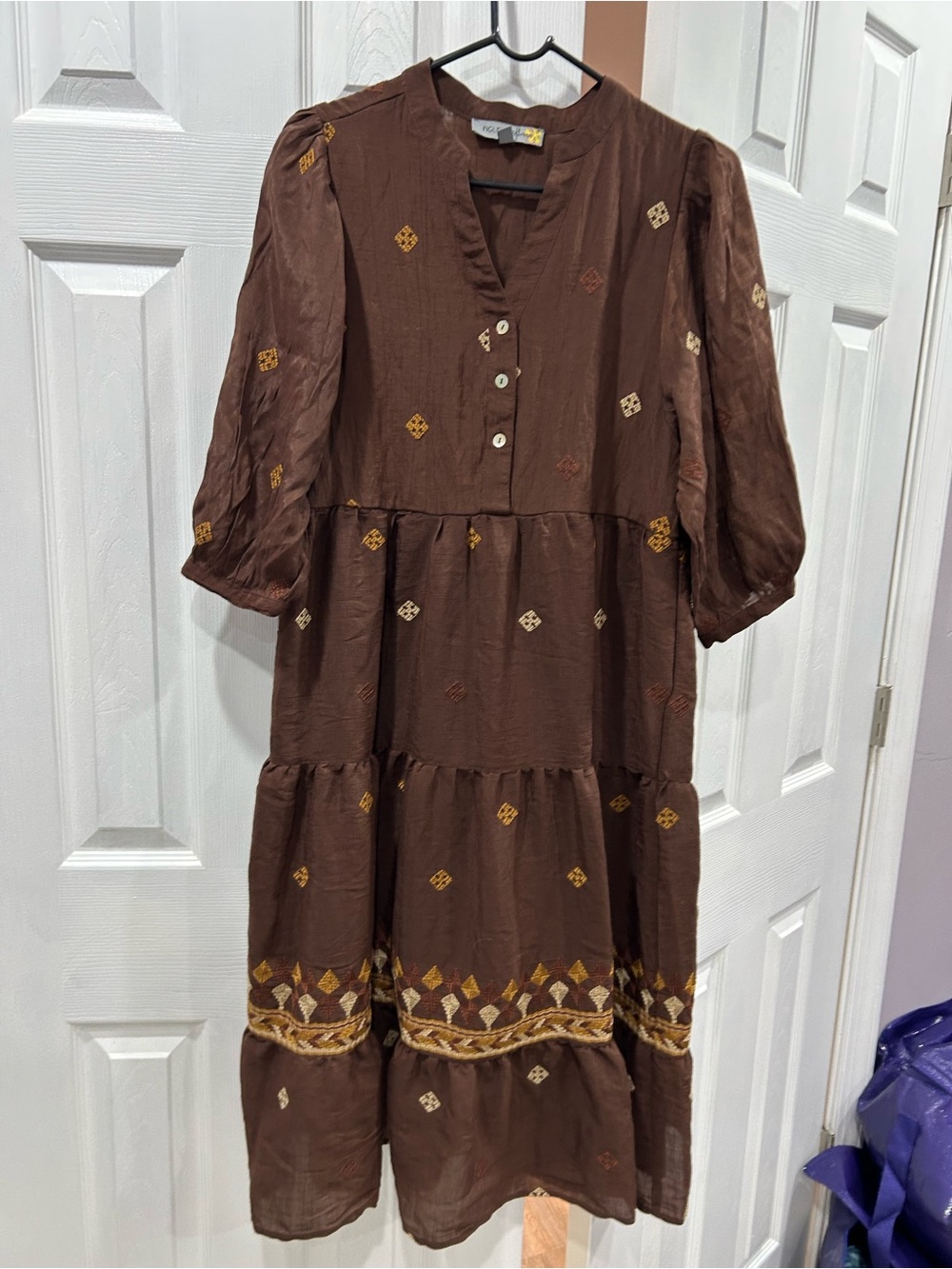 Great Fall Dress- Embroidered Brown Tiered Midi Dress with Button Front